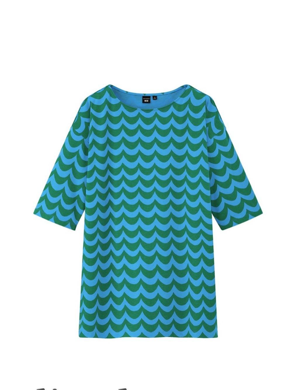 Marimekko for Uniqlo: 3/4 Sleeve Tunic. Blue and Green Wave Print